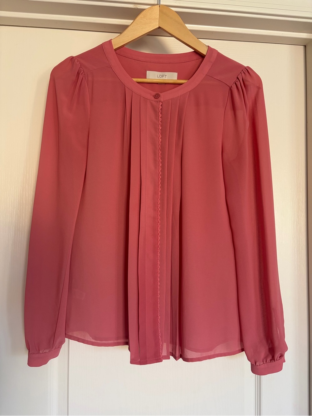 LOFT Pleated Long-Sleeve Blouse in Rose Pink